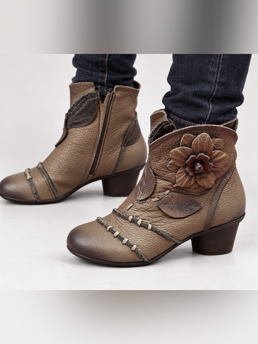 Women’s Witchy Grey Floral Leather Ankle Booties for the Weird & Wild